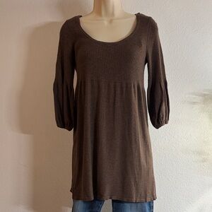 Y2K Brown Ribbed Babydoll Top / Mini Dress – Empire Waist – Stretch Knit